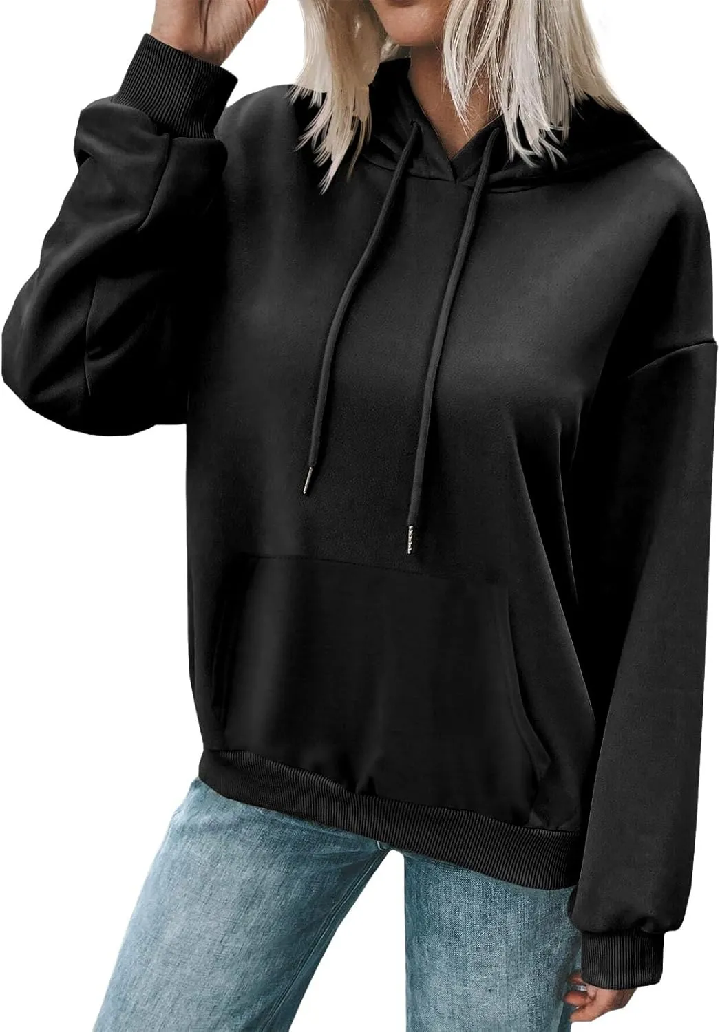Women's Casual Hoodies Long Sleeve Solid Lightweight Pullover Tops Loose Comfy Sweatshirt with Pocket