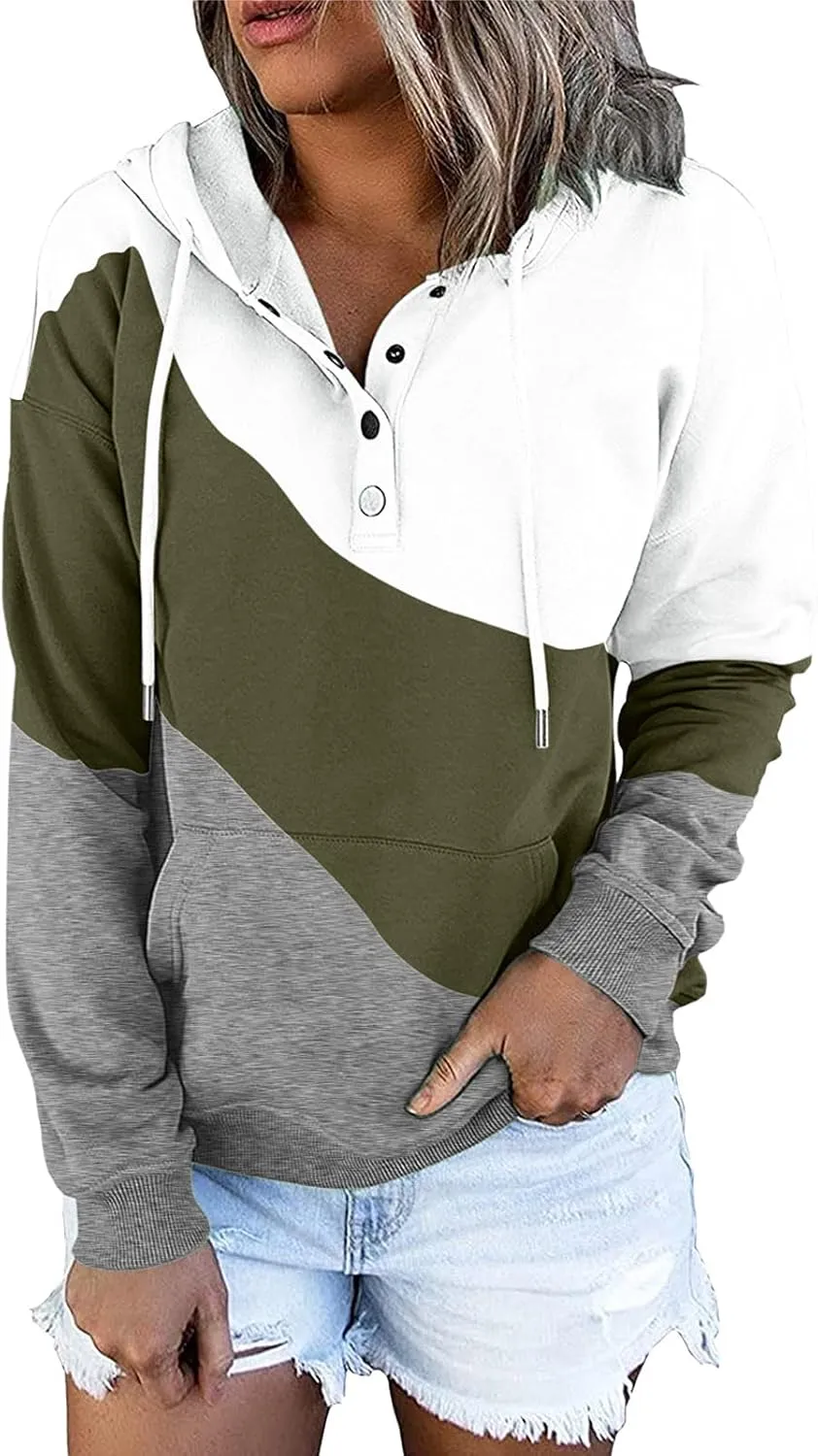 Womens Casual Hoodies Pullover Tops Drawstring Long Sleeve Color Block Hooded Sweatshirts Fall Clothes with Pocket