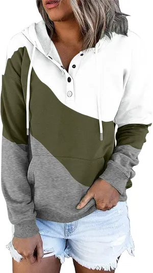 Womens Casual Hoodies Pullover Tops Drawstring Long Sleeve Color Block Hooded Sweatshirts Fall Clothes with Pocket