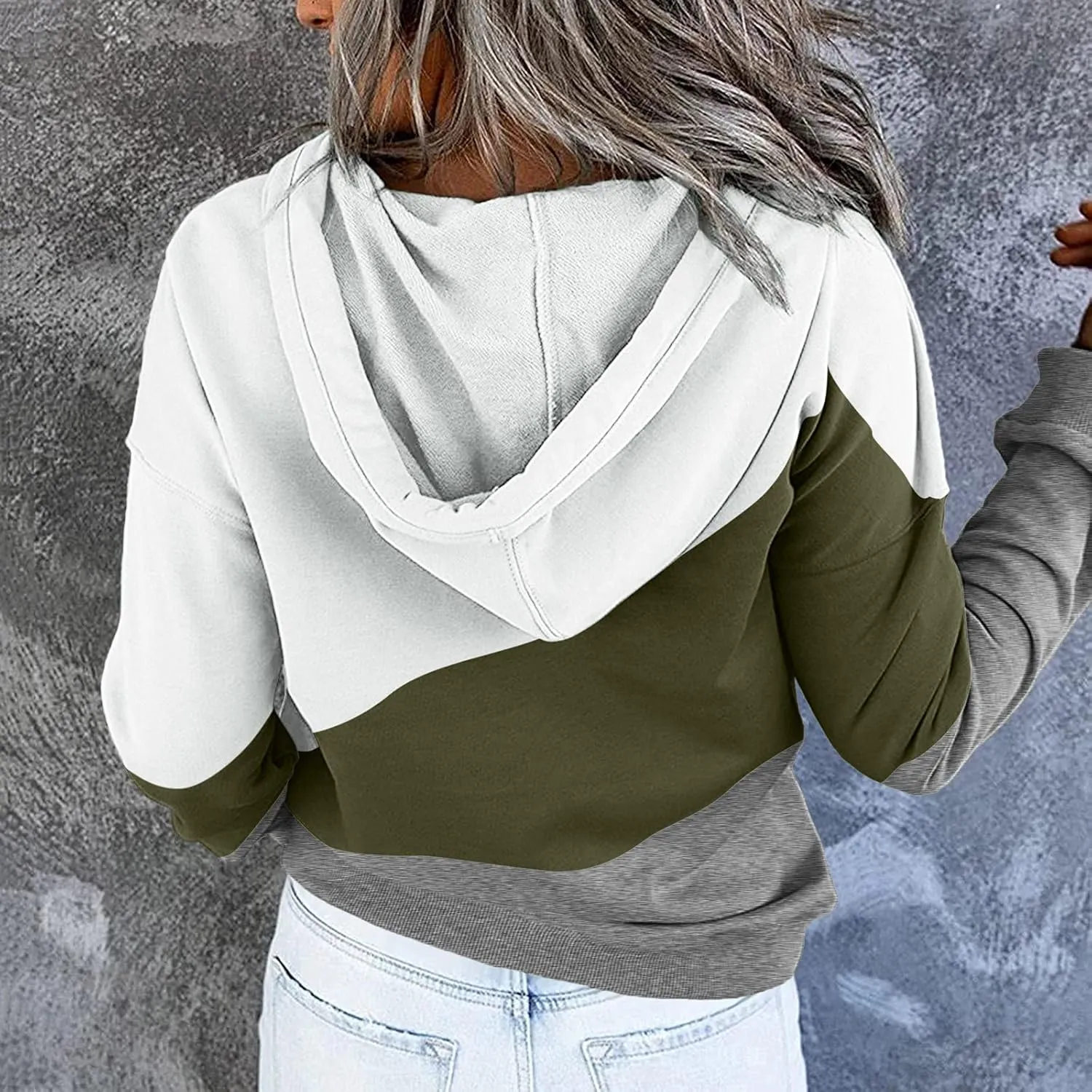 Womens Casual Hoodies Pullover Tops Drawstring Long Sleeve Color Block Hooded Sweatshirts Fall Clothes with Pocket