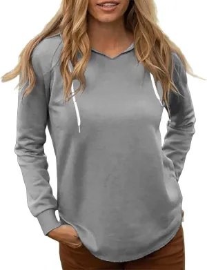 Women's Casual Hoodies V Neck Drawstring Hooded Sweatshirts Fashion Solid Color Lightweight Fall Pullover Shirt Tops