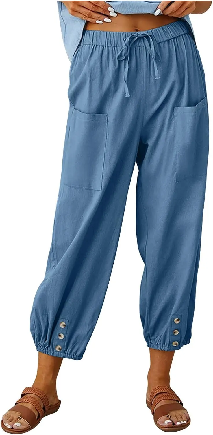 Women's Casual Pants & Capris Linen Pants Women Lounge Elastic Waist Pants Cute Wide Leg Trousers Summer Pants