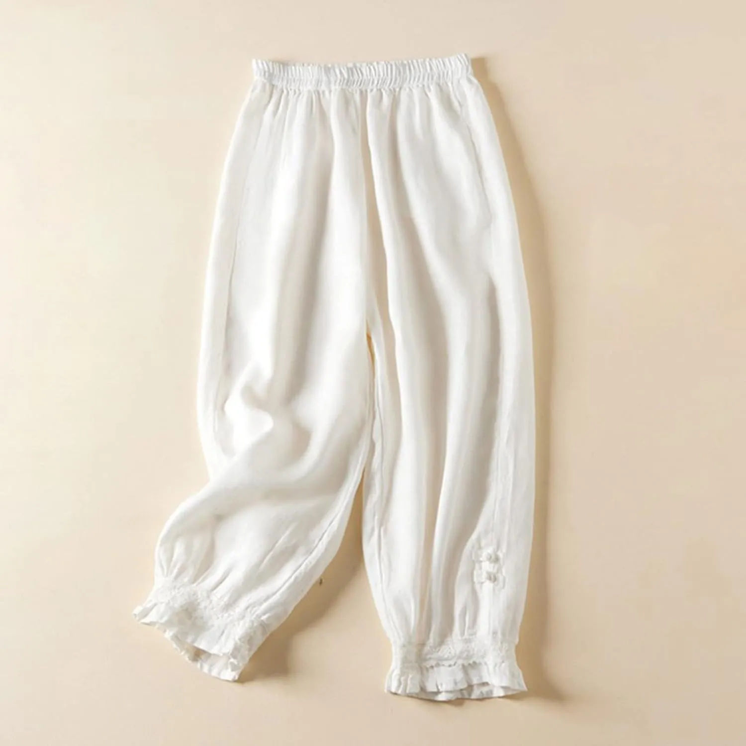 Womens Cotton Linen Pants Vintage Embroidery Elastic Waist Loose Casual Pants Ruffle Cropped Trousers with Pockets