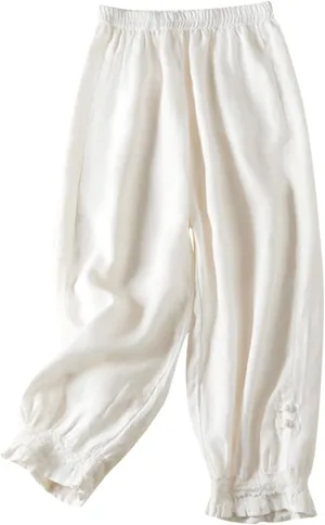Womens Cotton Linen Pants Vintage Embroidery Elastic Waist Loose Casual Pants Ruffle Cropped Trousers with Pockets