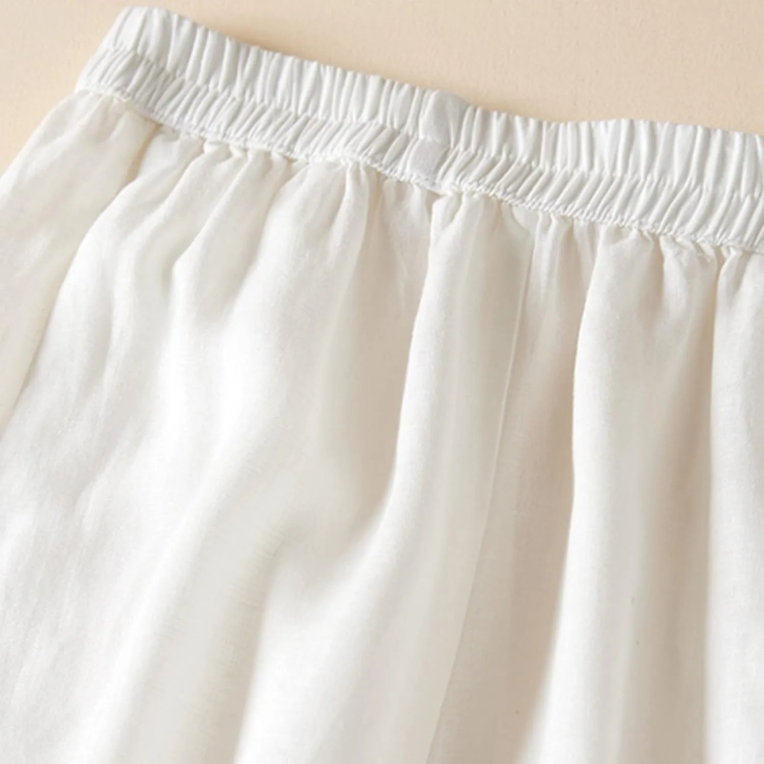 Womens Cotton Linen Pants Vintage Embroidery Elastic Waist Loose Casual Pants Ruffle Cropped Trousers with Pockets