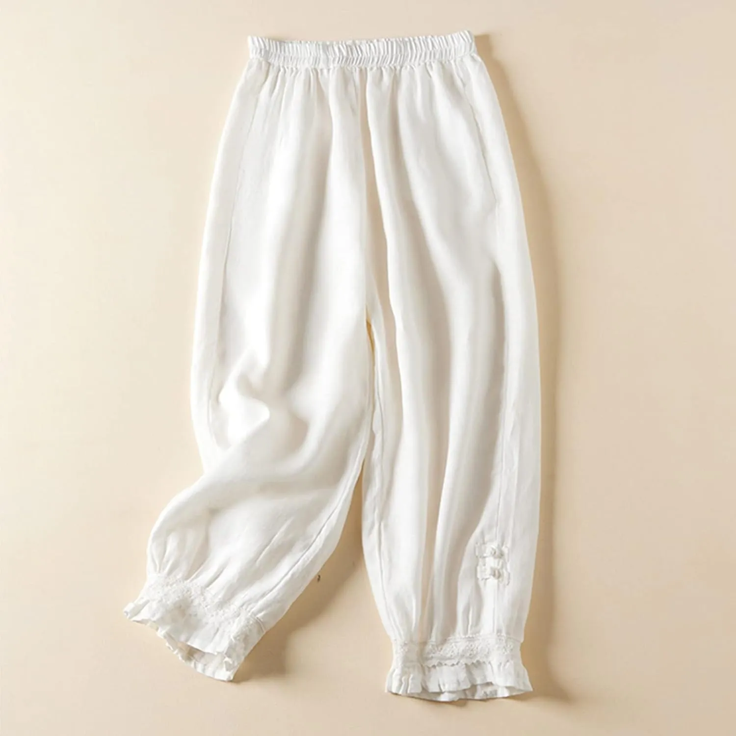 Womens Cotton Linen Pants Vintage Embroidery Elastic Waist Loose Casual Pants Ruffle Cropped Trousers with Pockets