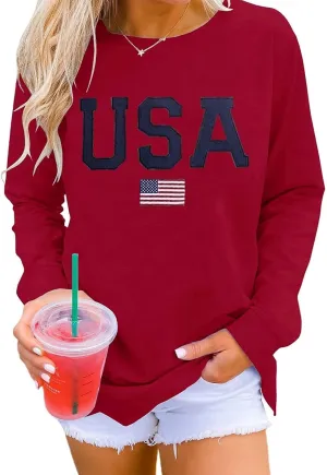 Womens Crewneck Sweatshirt Graphic American Flag Shirts Long Sleeve Oversized Pullover Patriotic Shirts Tops Tees