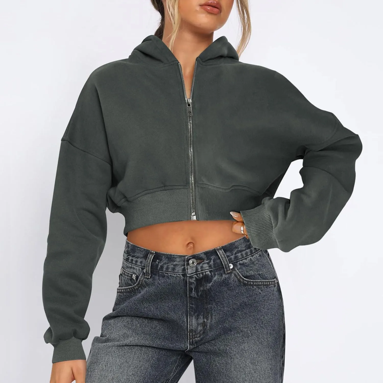 Womens Cropped Hoodies Zip Up Sweatshirts Fashion Teen Girls Y2k Clothes Workout Crop Tops Casual Long Sleeve Jackets