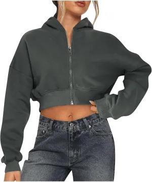 Womens Cropped Hoodies Zip Up Sweatshirts Fashion Teen Girls Y2k Clothes Workout Crop Tops Casual Long Sleeve Jackets