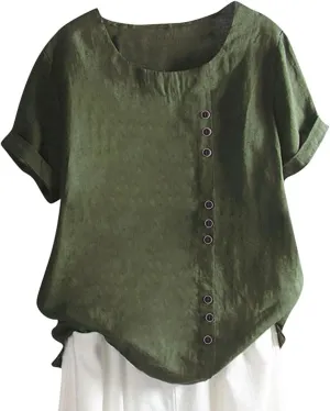 Women's Embroidered T Shirts Summer Cotton Linen Casual Blouse Short Sleeve Round Neck Tops Oversized Boho Tees