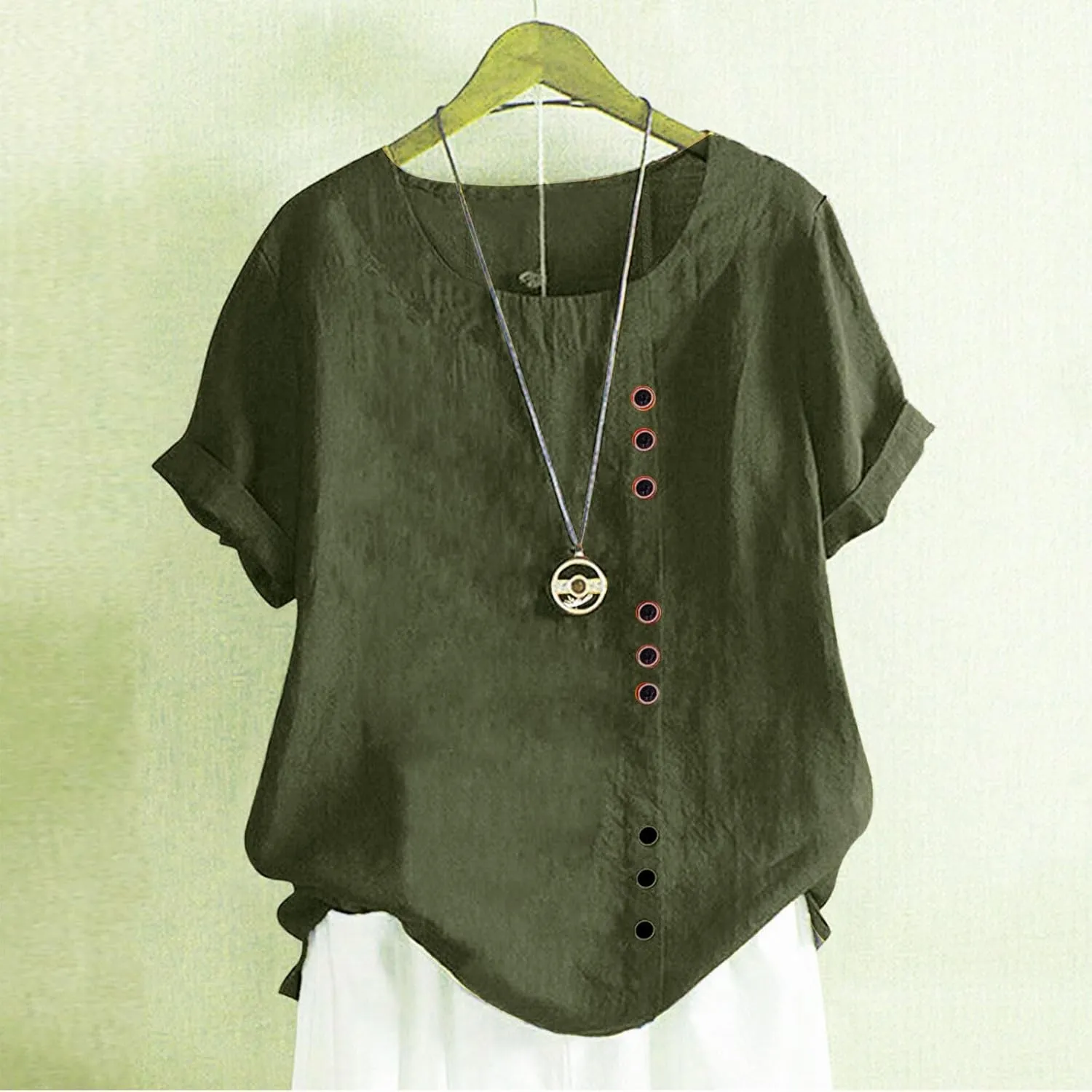 Women's Embroidered T Shirts Summer Cotton Linen Casual Blouse Short Sleeve Round Neck Tops Oversized Boho Tees