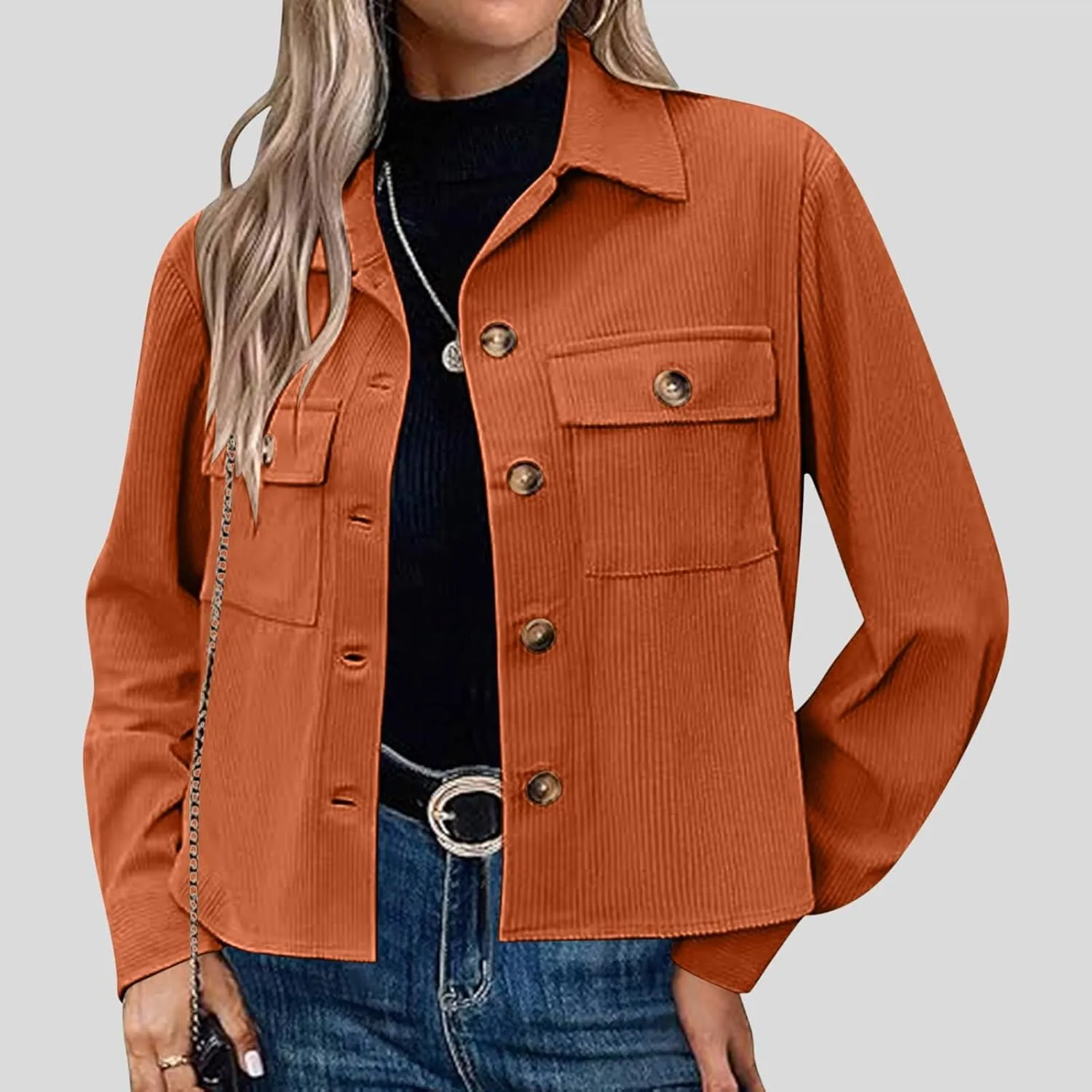 Womens Fashion Cropped Shackets Corduroy Button Down Crop Jackets Tops Long Sleeve Blazer Suit CoatTrendy 2024