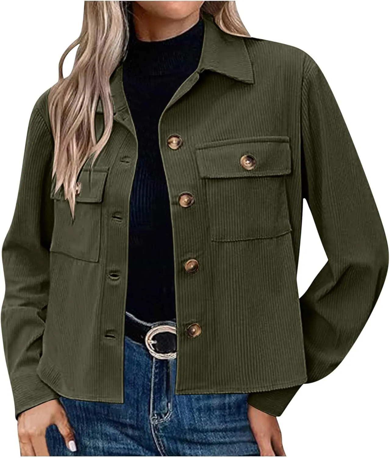Womens Fashion Cropped Shackets Corduroy Button Down Crop Jackets Tops Long Sleeve Blazer Suit CoatTrendy 2024