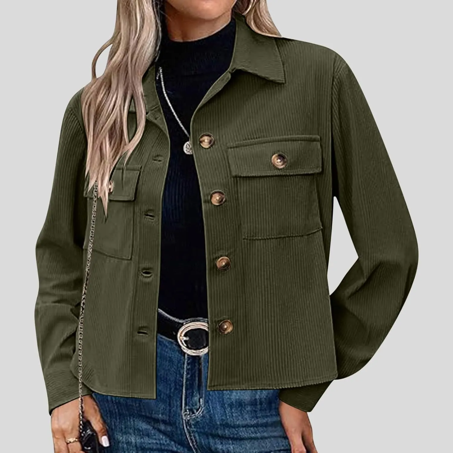 Womens Fashion Cropped Shackets Corduroy Button Down Crop Jackets Tops Long Sleeve Blazer Suit CoatTrendy 2024