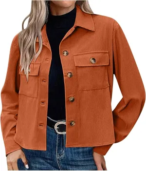Womens Fashion Cropped Shackets Corduroy Button Down Crop Jackets Tops Long Sleeve Blazer Suit CoatTrendy 2024