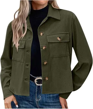 Womens Fashion Cropped Shackets Corduroy Button Down Crop Jackets Tops Long Sleeve Blazer Suit CoatTrendy 2024