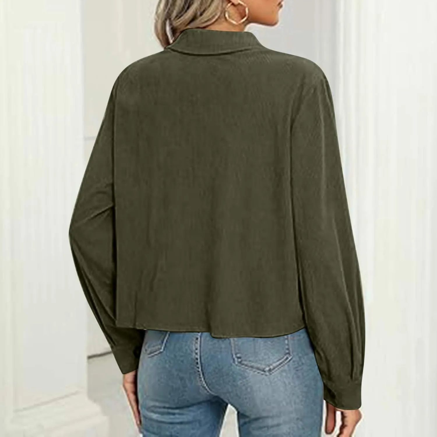 Womens Fashion Cropped Shackets Corduroy Button Down Crop Jackets Tops Long Sleeve Blazer Suit CoatTrendy 2024