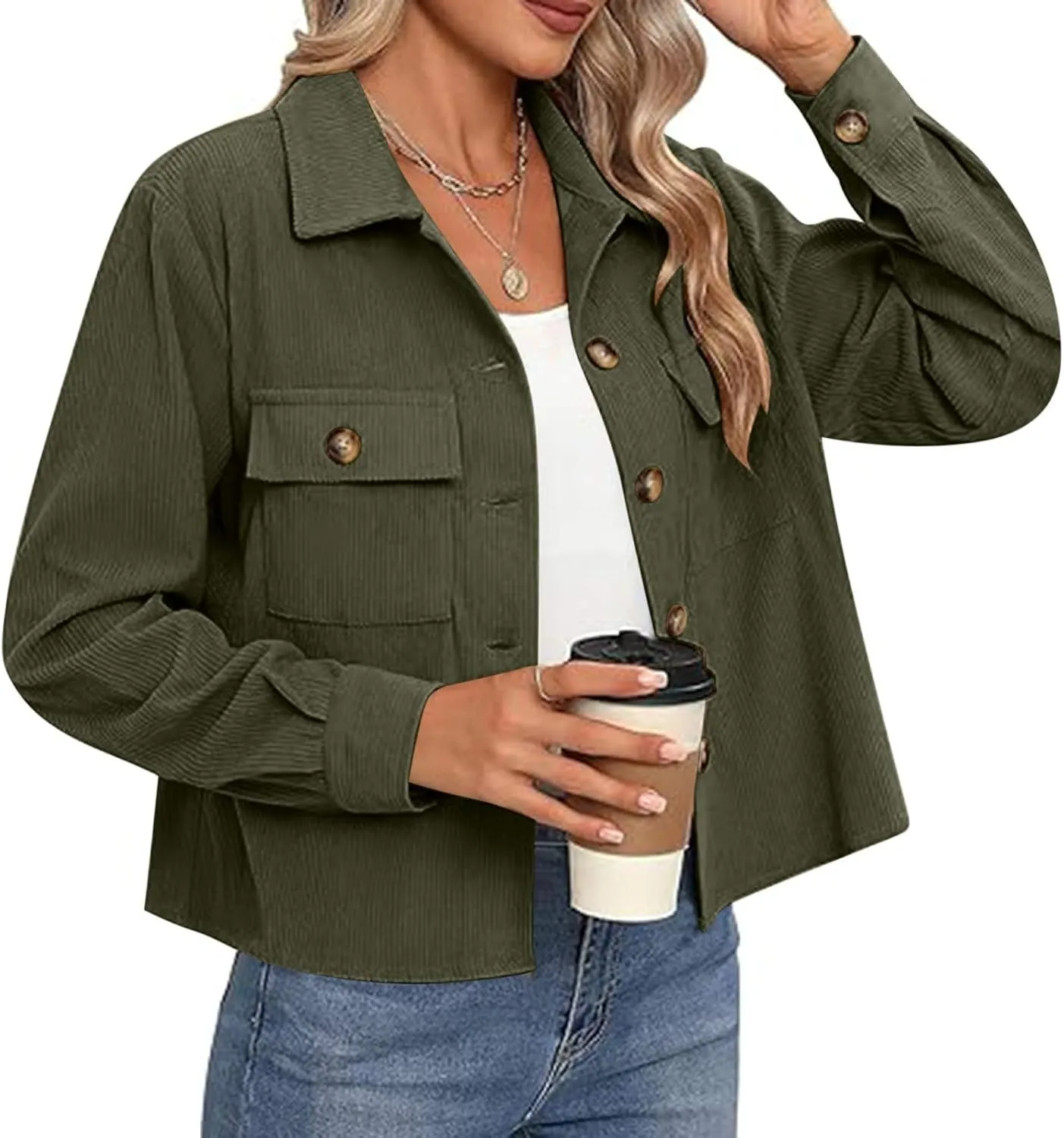 Womens Fashion Cropped Shackets Corduroy Button Down Crop Jackets Tops Long Sleeve Blazer Suit CoatTrendy 2024