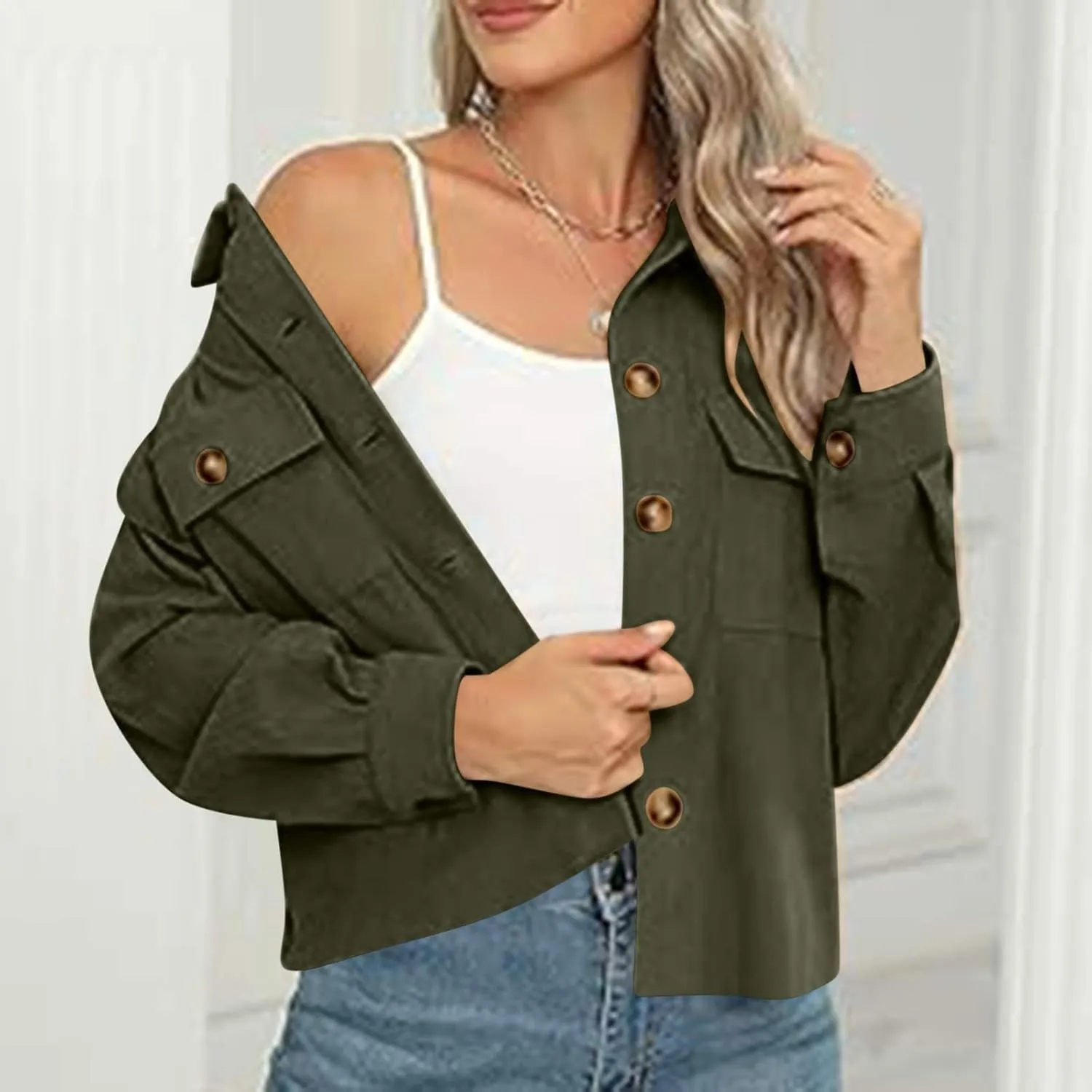 Womens Fashion Cropped Shackets Corduroy Button Down Crop Jackets Tops Long Sleeve Blazer Suit CoatTrendy 2024