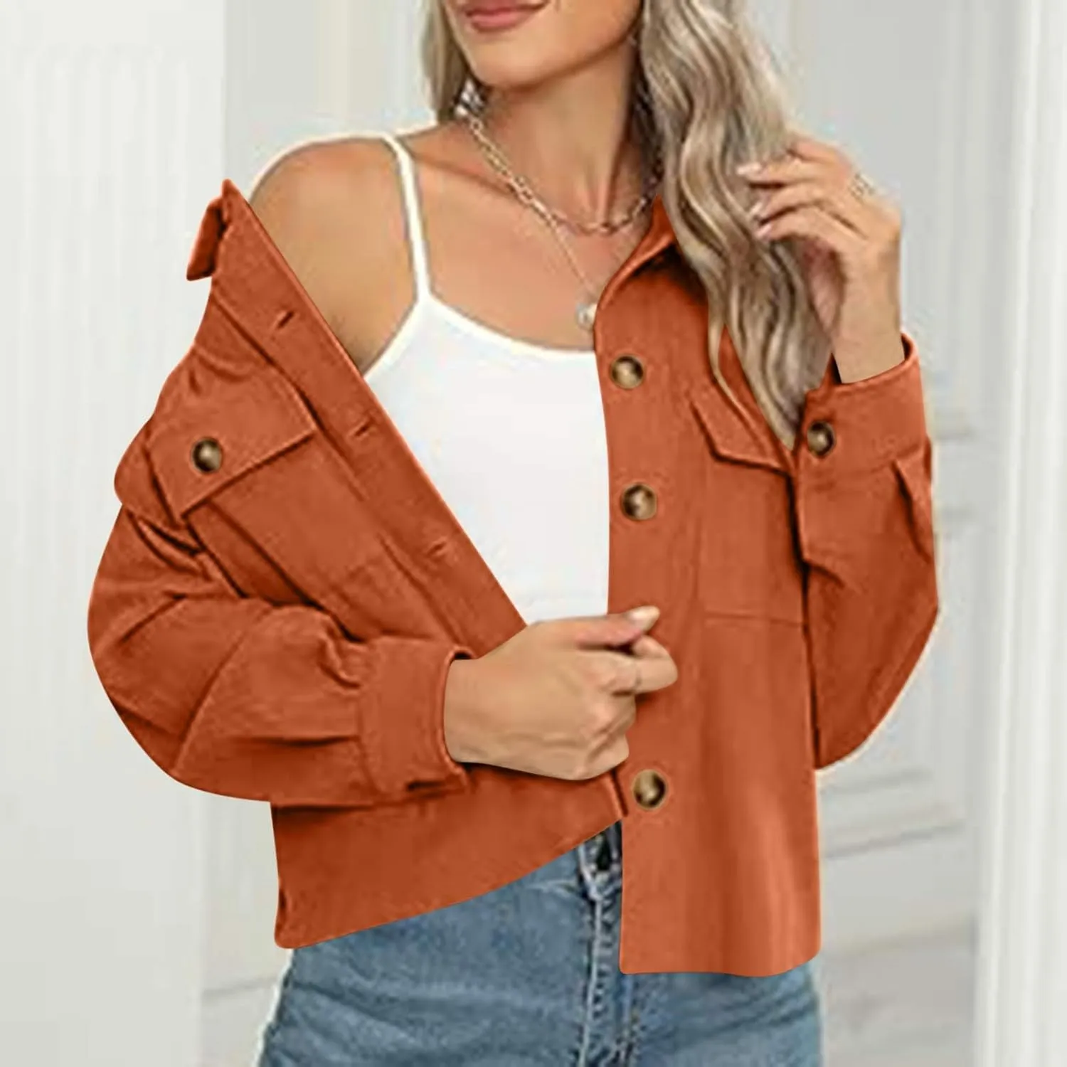 Womens Fashion Cropped Shackets Corduroy Button Down Crop Jackets Tops Long Sleeve Blazer Suit CoatTrendy 2024