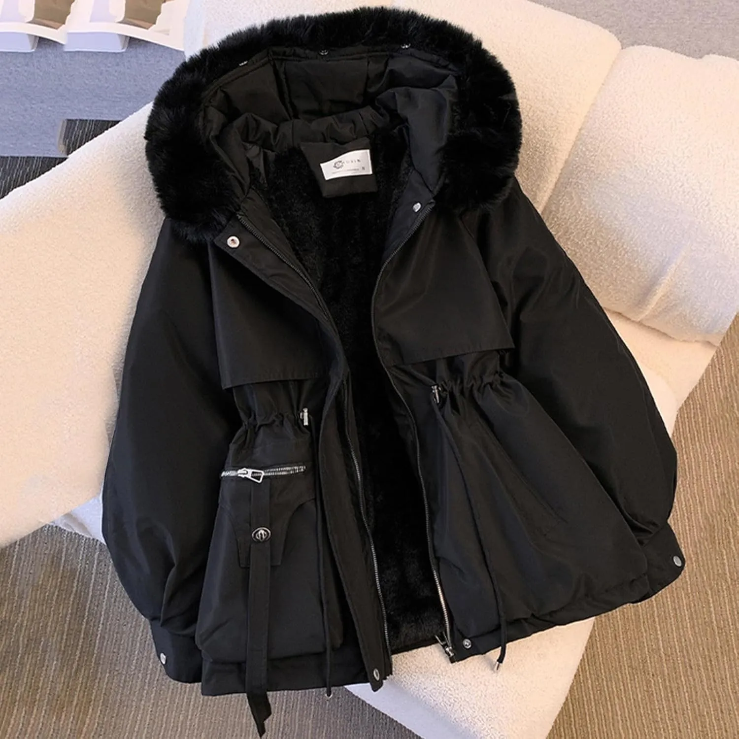 Womens Fleece Lined Parka Winter Coat Fashion Hooded Zip Up Thicken Anorak Jackets with Pockets Fur Hood Overcoat