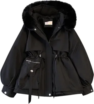 Womens Fleece Lined Parka Winter Coat Fashion Hooded Zip Up Thicken Anorak Jackets with Pockets Fur Hood Overcoat