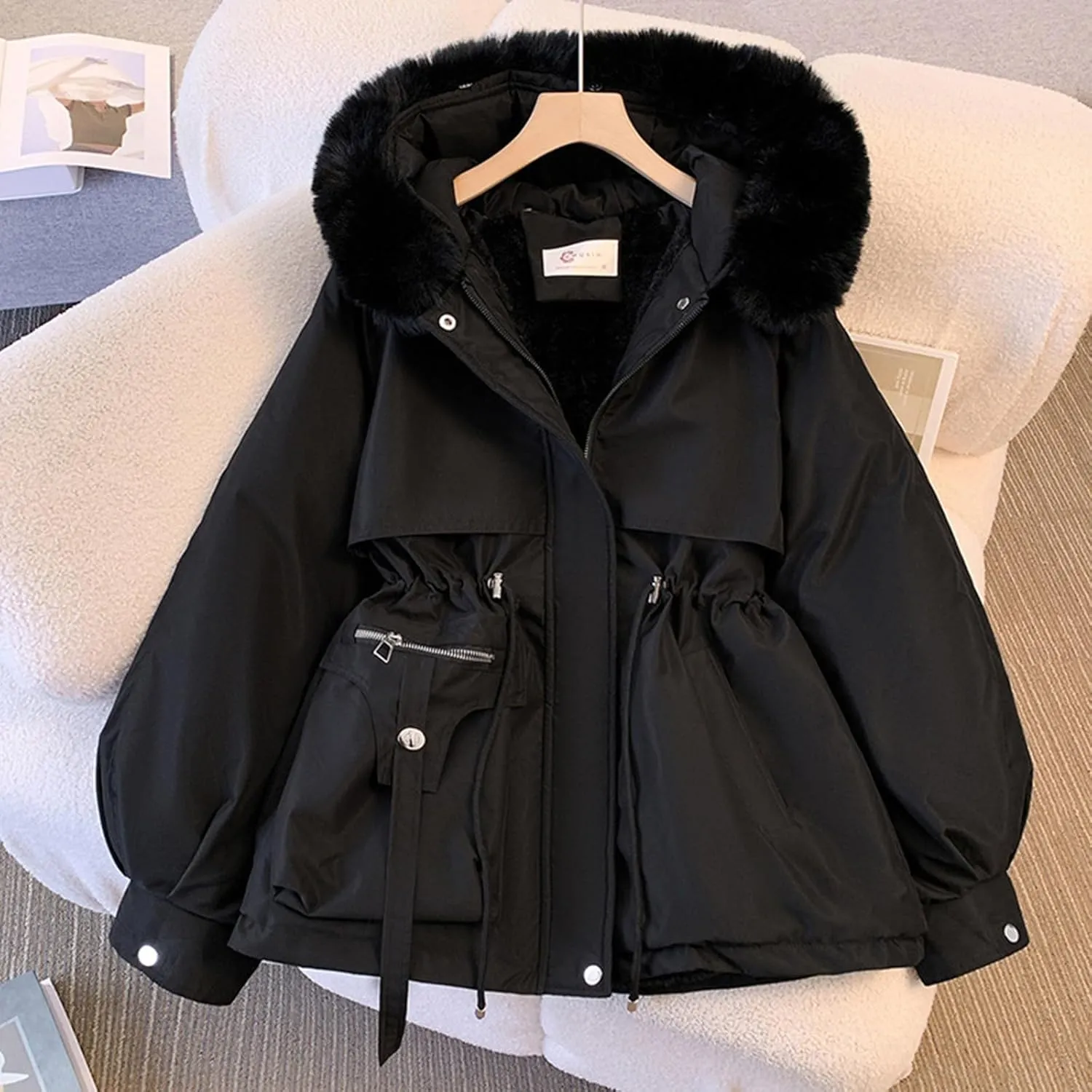 Womens Fleece Lined Parka Winter Coat Fashion Hooded Zip Up Thicken Anorak Jackets with Pockets Fur Hood Overcoat