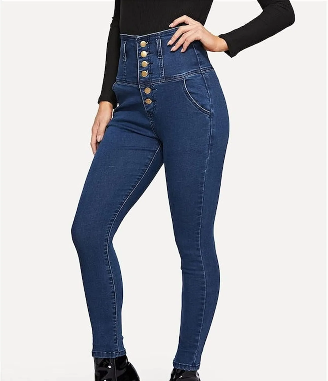 Women's High Breasted Stretch Slim Jeans High Waisted Button Up Classic Jeans Curvy Butt Lifting Skinny Denim