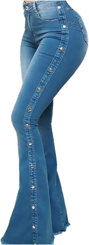 Women's High Waist Stretch Studded Flared Jeans Washed Bell Bottom Fitted Denim Pants