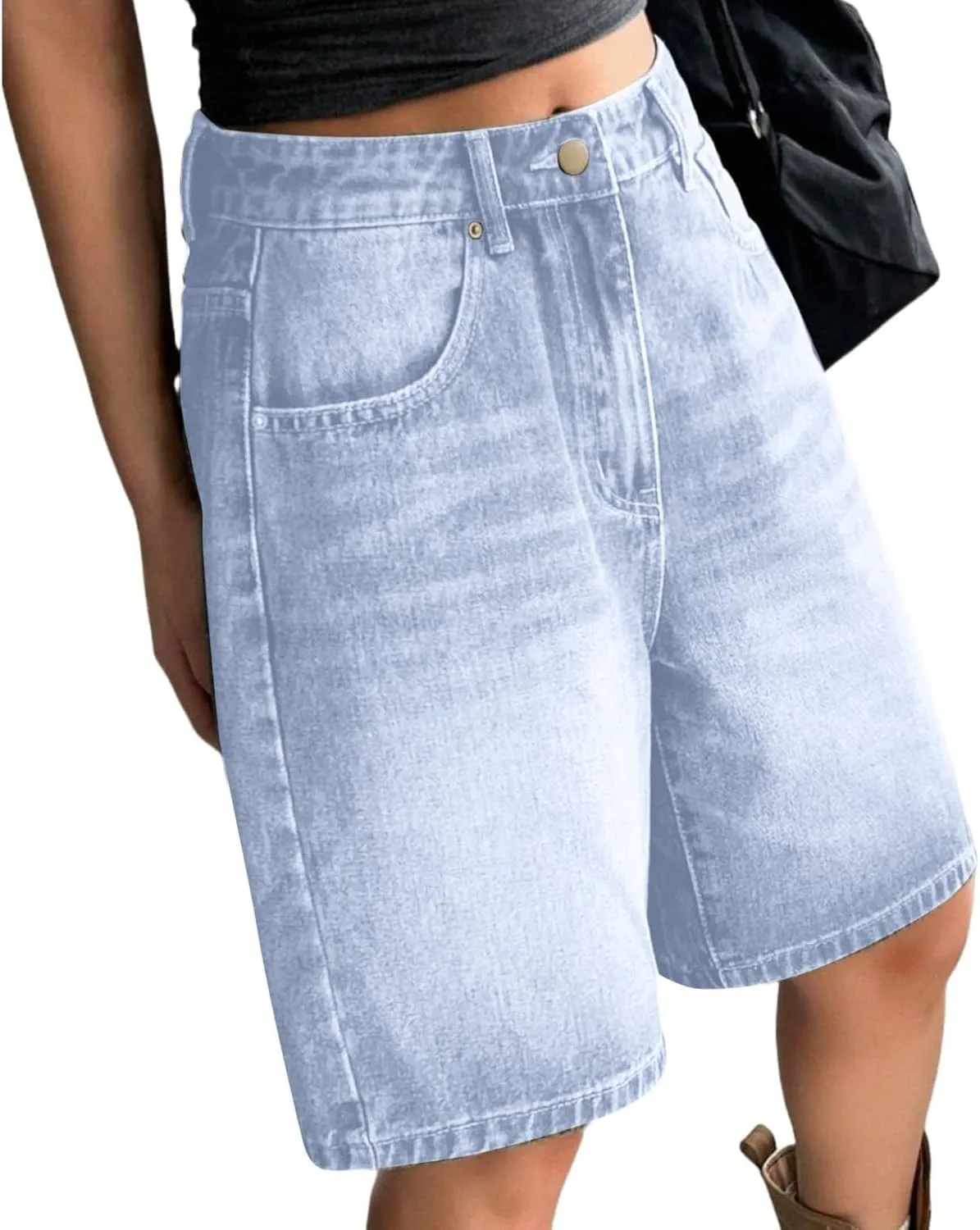 Women's Jean Shorts Distressed Stretchy Denim Short Summer Loose High Waisted Knee Length Plus Size Jean with Pocket
