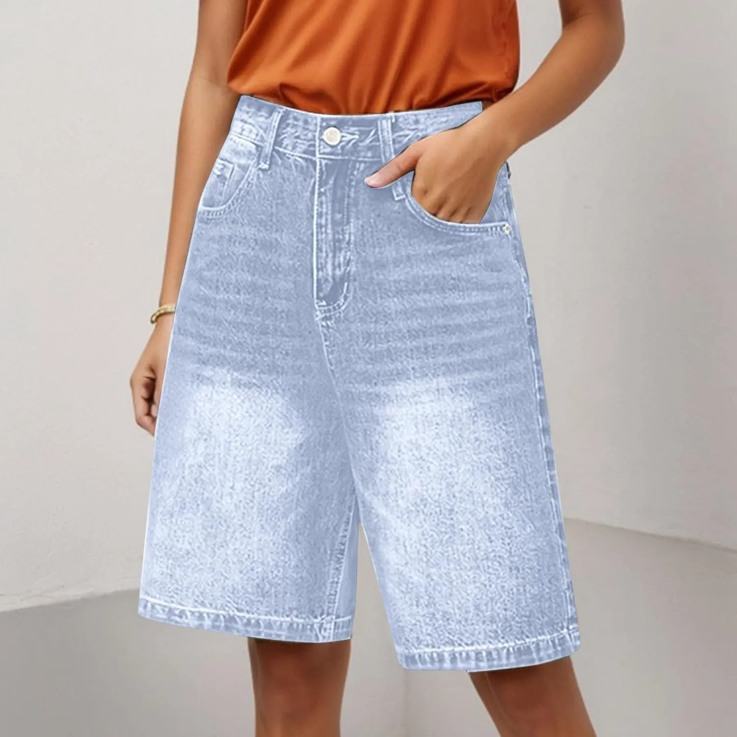Women's Jean Shorts Distressed Stretchy Denim Short Summer Loose High Waisted Knee Length Plus Size Jean with Pocket