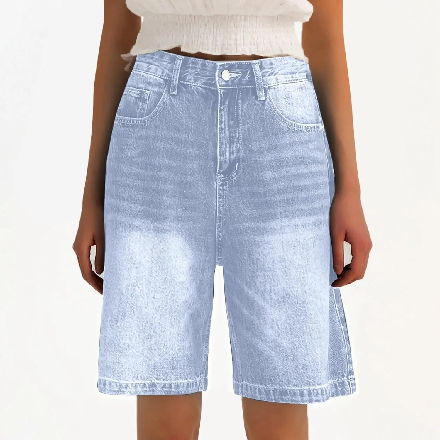 Women's Jean Shorts Distressed Stretchy Denim Short Summer Loose High Waisted Knee Length Plus Size Jean with Pocket
