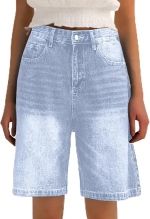 Women's Jean Shorts Distressed Stretchy Denim Short Summer Loose High Waisted Knee Length Plus Size Jean with Pocket