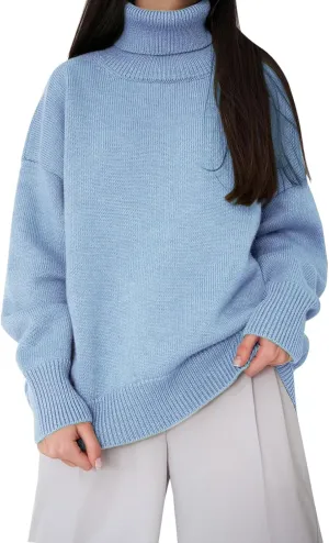 Womens Knitted Sweater 2024 Casual Long Sleeve Turtleneck Tops Oversized Winter Outfits Fashion Solid Color Pullovers