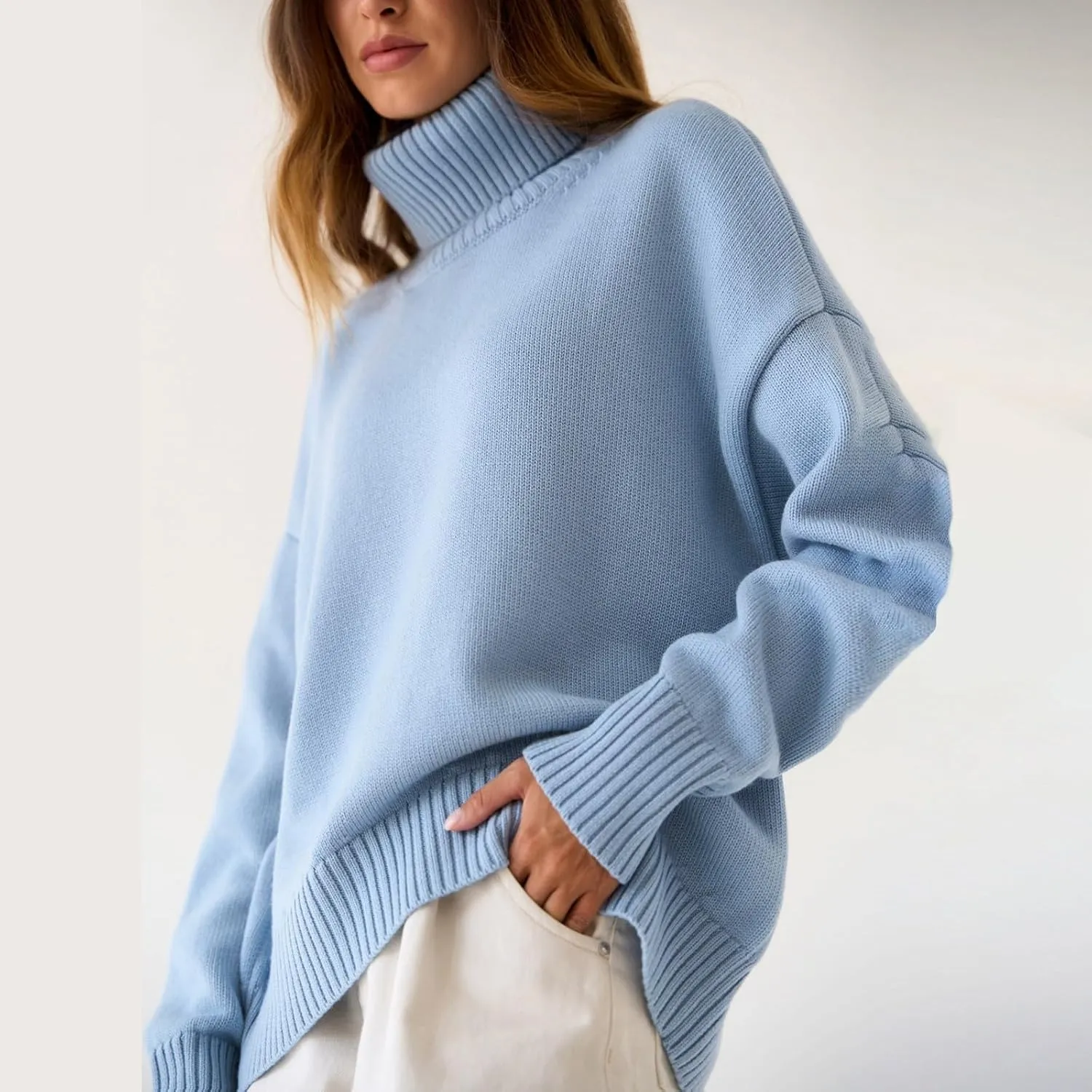 Womens Knitted Sweater 2024 Casual Long Sleeve Turtleneck Tops Oversized Winter Outfits Fashion Solid Color Pullovers