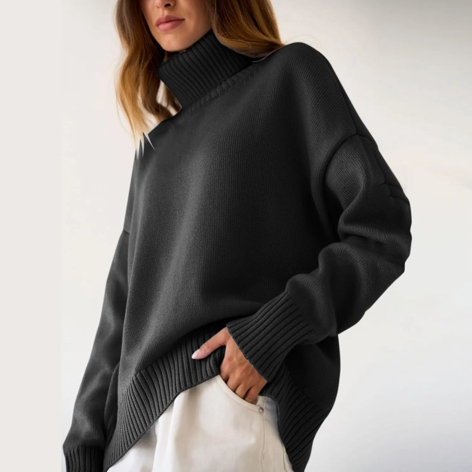 Womens Knitted Sweater 2024 Casual Long Sleeve Turtleneck Tops Oversized Winter Outfits Fashion Solid Color Pullovers