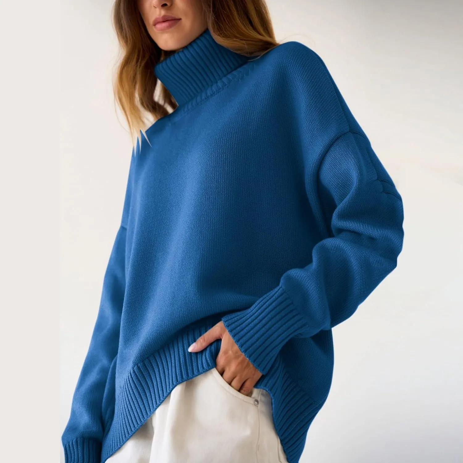 Womens Knitted Sweater 2024 Casual Long Sleeve Turtleneck Tops Oversized Winter Outfits Fashion Solid Color Pullovers