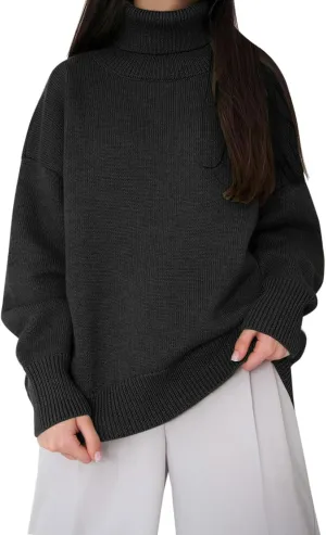 Womens Knitted Sweater 2024 Casual Long Sleeve Turtleneck Tops Oversized Winter Outfits Fashion Solid Color Pullovers