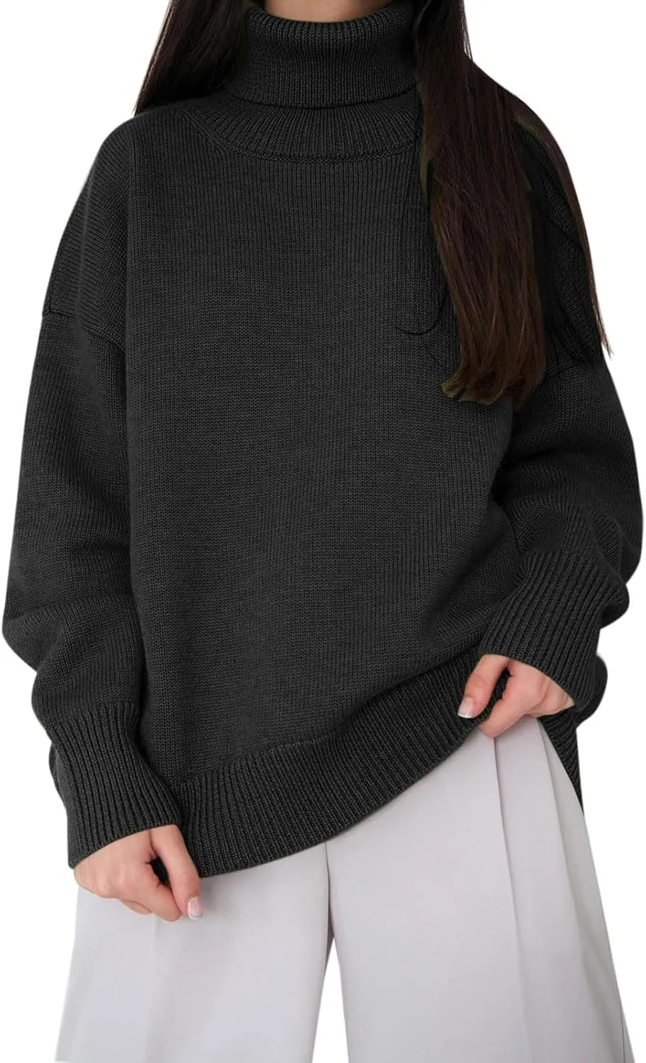 Womens Knitted Sweater 2024 Casual Long Sleeve Turtleneck Tops Oversized Winter Outfits Fashion Solid Color Pullovers