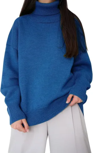 Womens Knitted Sweater 2024 Casual Long Sleeve Turtleneck Tops Oversized Winter Outfits Fashion Solid Color Pullovers