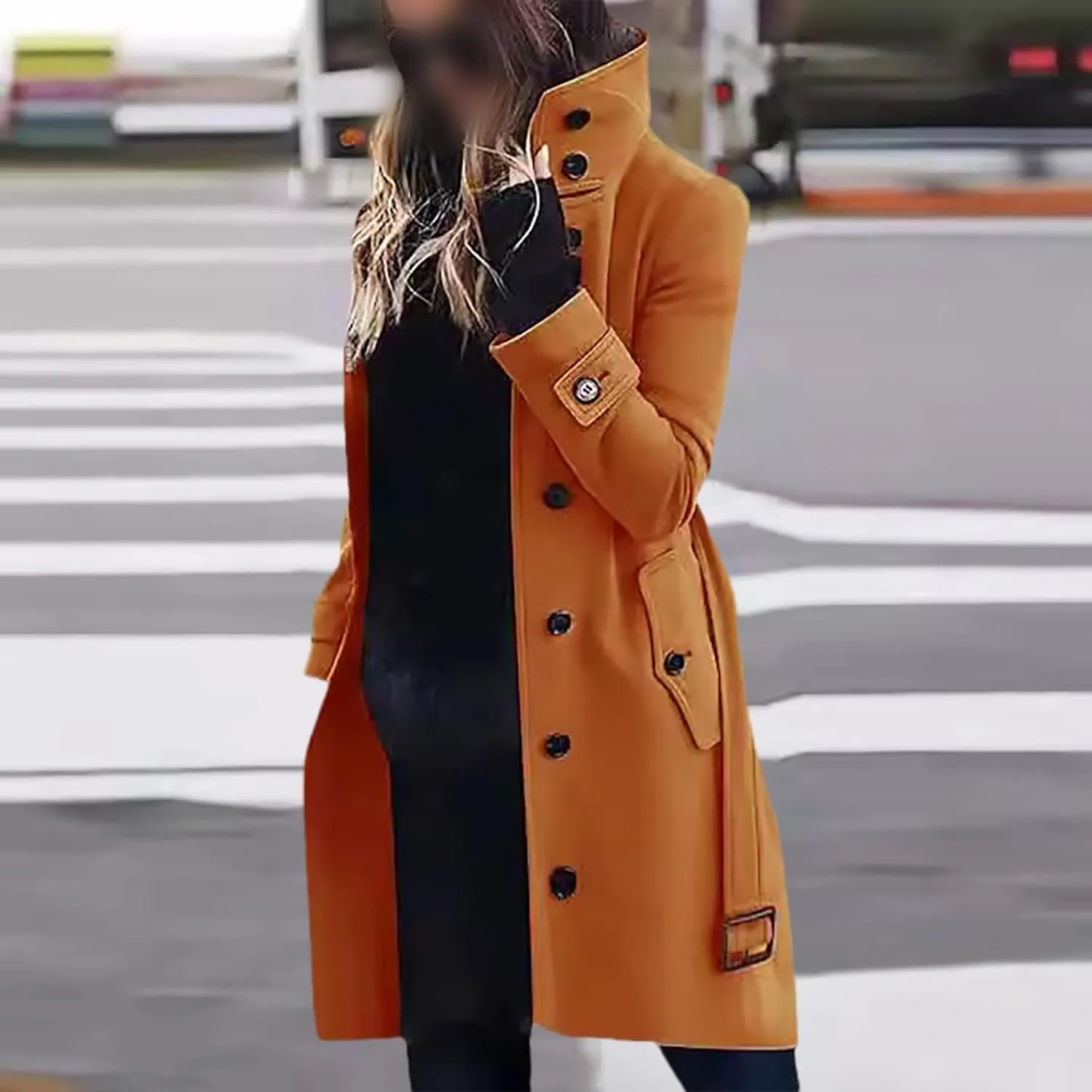 Women's Long Coat Notched Lapel Collar Double Breasted Pea Coat Winter Elegant Wool Blend Over Coats Jackets