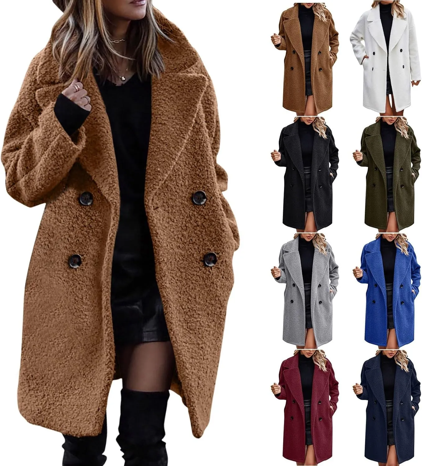 Womens Long Double Breasted Pea Coat Fuzzy Fleece Trench Coat Notch Lapel Collar Overcoat Sherpa Mid Length Jacket