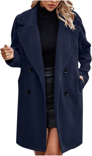 Womens Long Double Breasted Pea Coat Fuzzy Fleece Trench Coat Notch Lapel Collar Overcoat Sherpa Mid Length Jacket