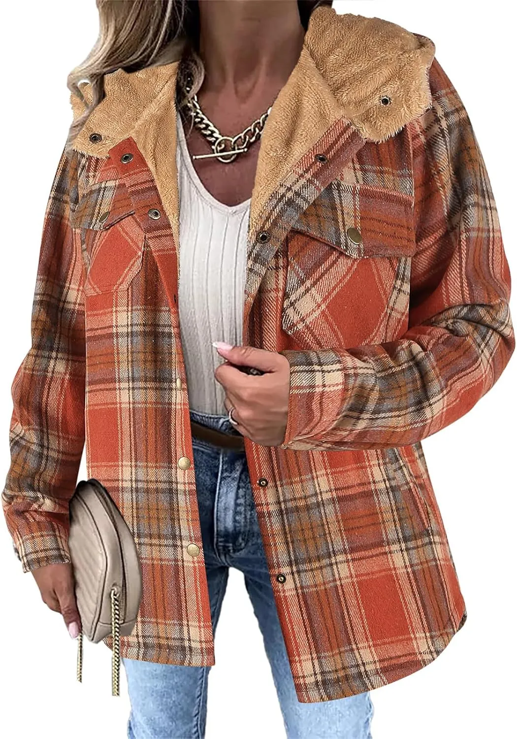 Women's Long Sleeve Plaid Sherpa Lined Hooded Jacket Warm Winter Outerwear With Pockets Stylish And Comfortable Coats