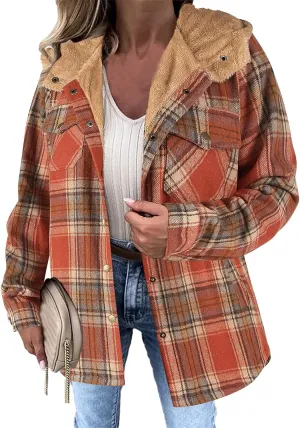 Women's Long Sleeve Plaid Sherpa Lined Hooded Jacket Warm Winter Outerwear With Pockets Stylish And Comfortable Coats