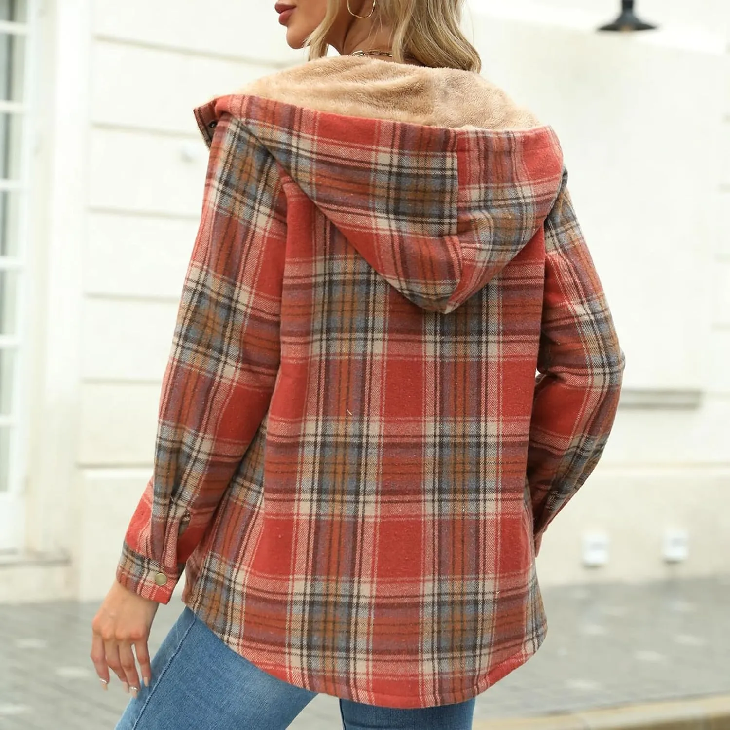 Women's Long Sleeve Plaid Sherpa Lined Hooded Jacket Warm Winter Outerwear With Pockets Stylish And Comfortable Coats