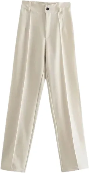 Women's Office Business Straight Pants Vintage High Waist Zipper Wide Leg Trousers