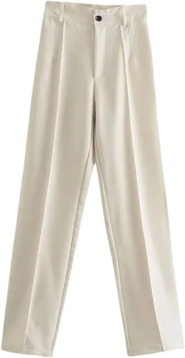 Women's Office Business Straight Pants Vintage High Waist Zipper Wide Leg Trousers
