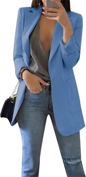 Womens Open Front Long Sleeve Jackets Casual Lapel Collar Blazer Solid Color Loose Fit Outfit Blazer