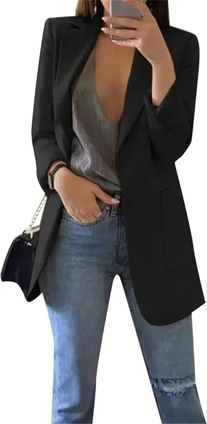 Womens Open Front Long Sleeve Jackets Casual Lapel Collar Blazer Solid Color Loose Fit Outfit Blazer